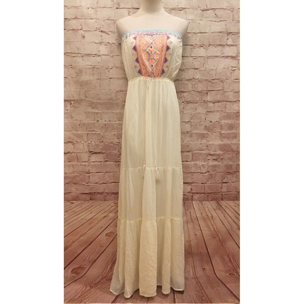 FLYING TOMATO Boho Ivory Strapless Summer Maxi Dress Southwest Tier Skirt SMALL